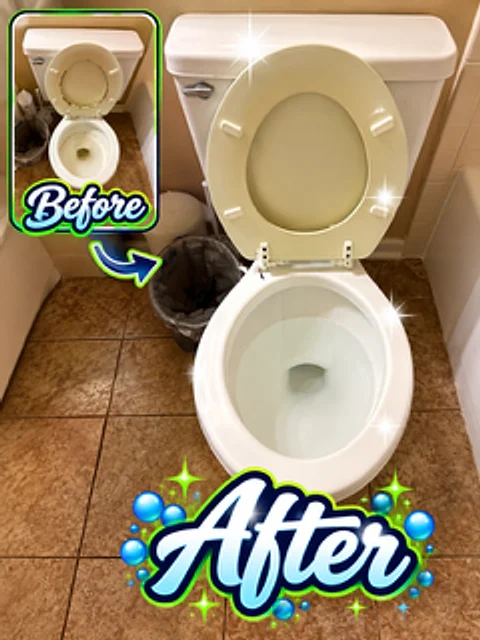 Before and after of a toilet cleaned from the bowl to the base