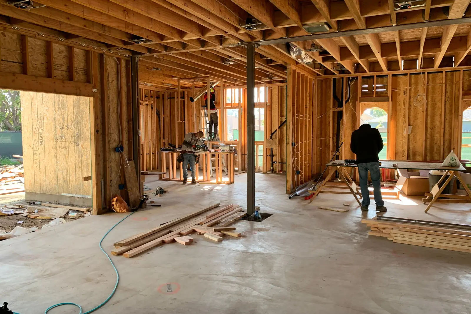 Framed walls and floor of a house under construction