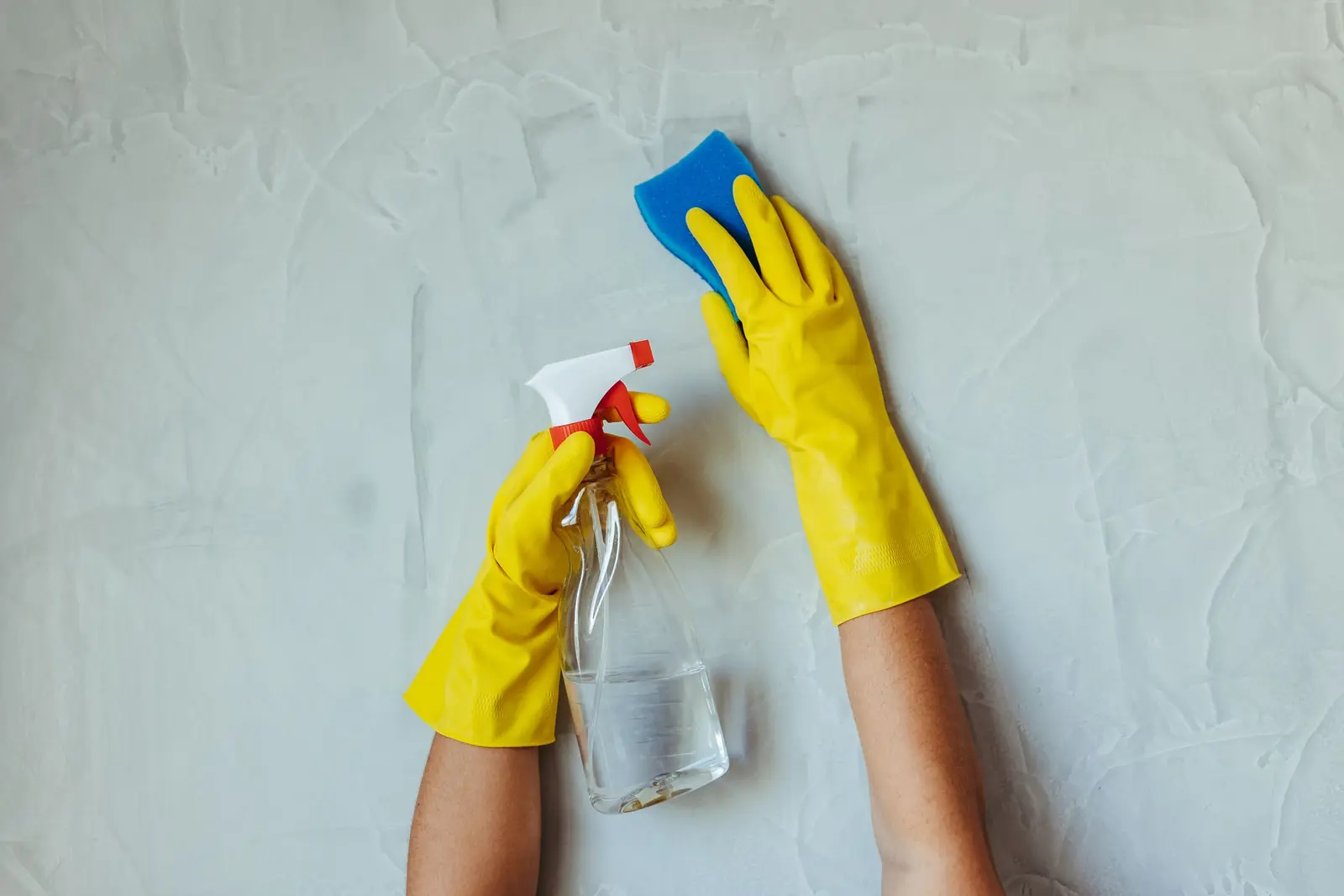 Yellow-gloved hands spraying and wiping a light wall